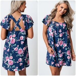 NWT Andree by Unit Floral Navy Blue Dress ruffle sleeve criss cross back detail